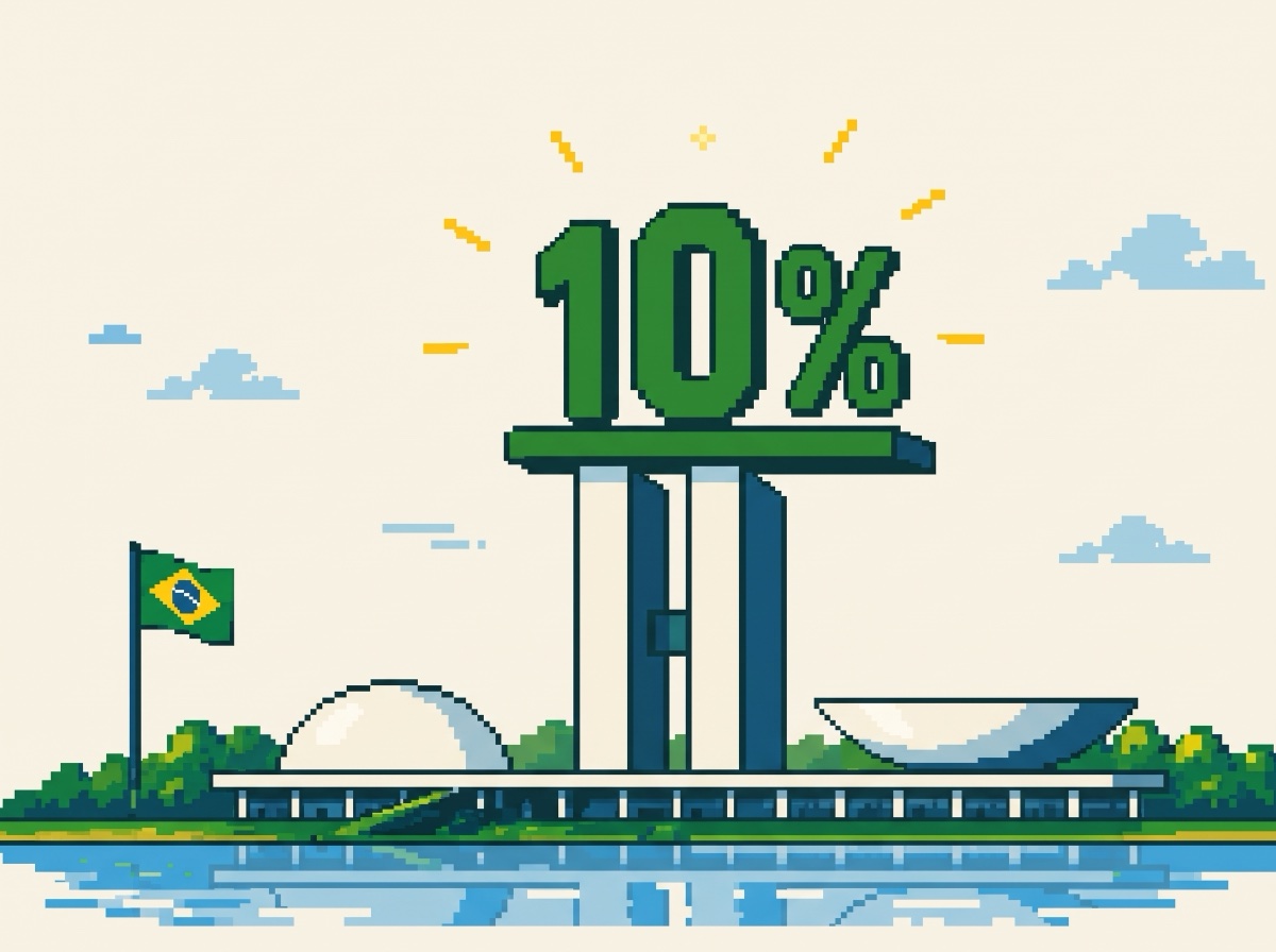 Pixel art do Congresso Nacional em Brasília com um grande 10% sobre as torres e a bandeira do Brasil